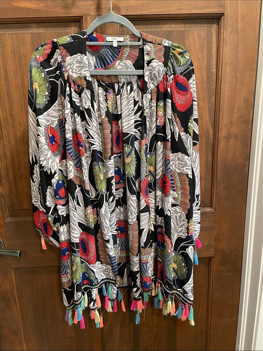 JODIFL Multicolor Floral Print Kimono with Black Base